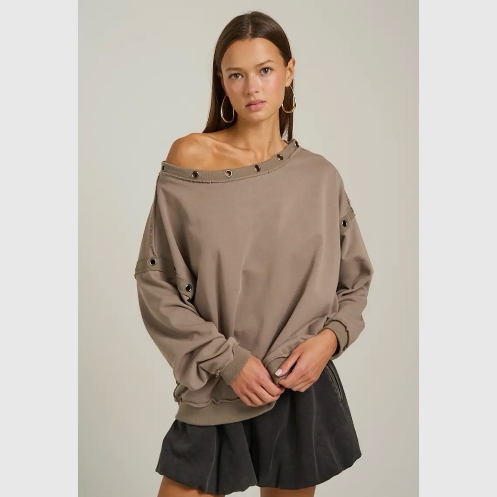 Stylish Taupe Off-Shoulder with grommets sweatshirt Top